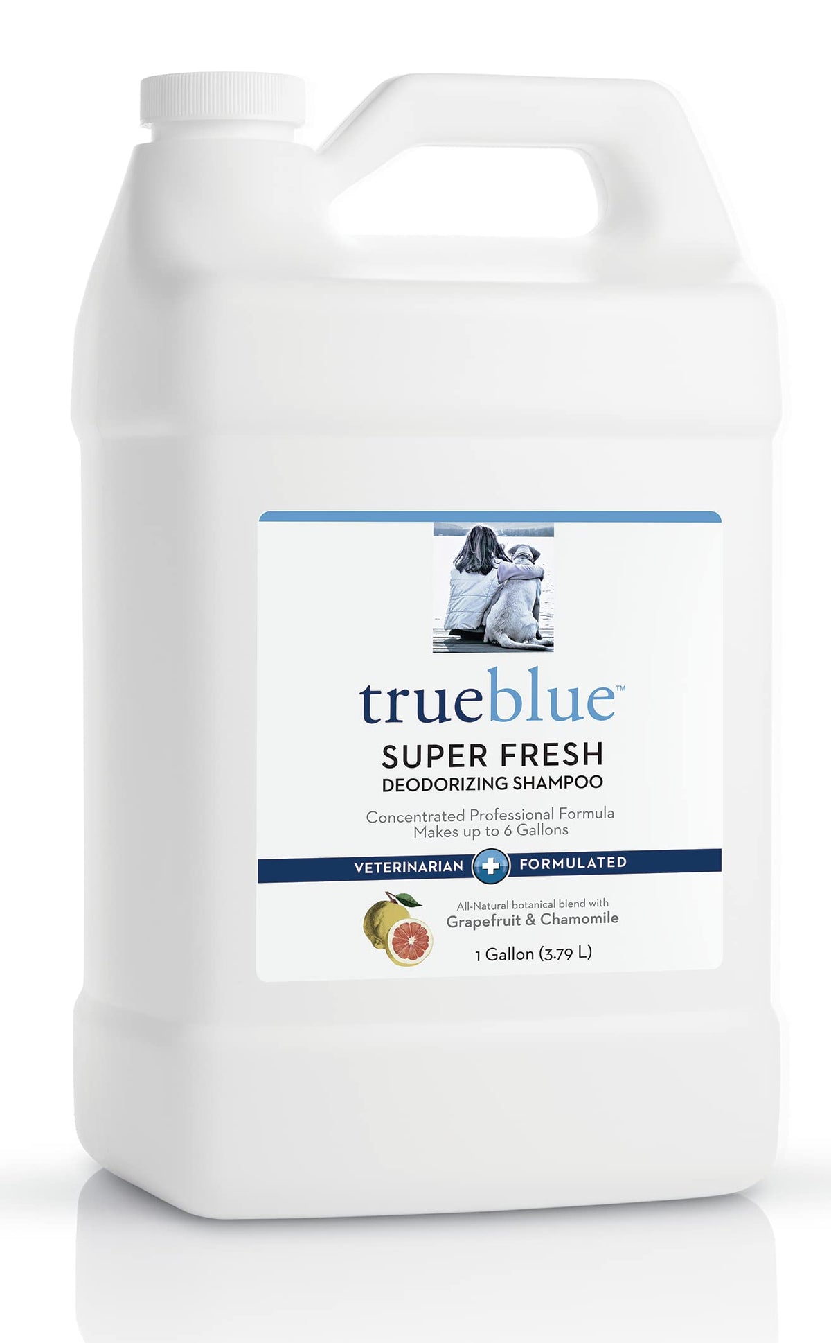 TrueBlue Grapefruit & Chamomile shampoo bottle pour demonstrates tearless cleansing.