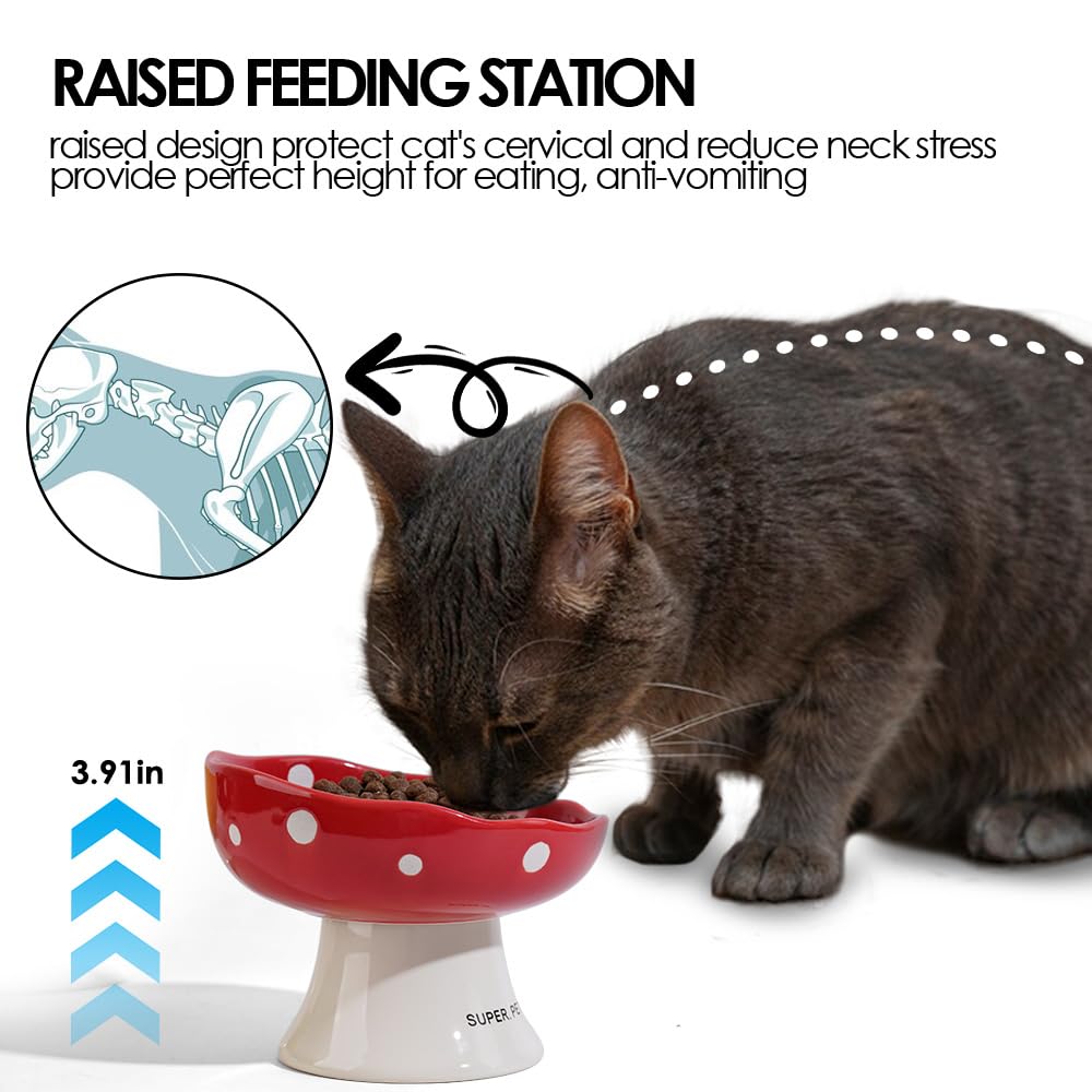 TRUNDISAN ceramic elevated mushroom cat bowls red color shot adds playful decor to feeding.