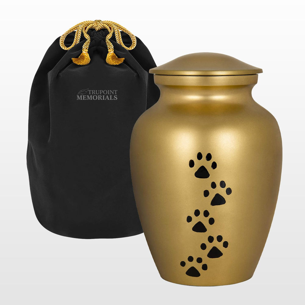 Trupoint Memorials large pet urn with paws print gold provides a lasting memorial for pets.