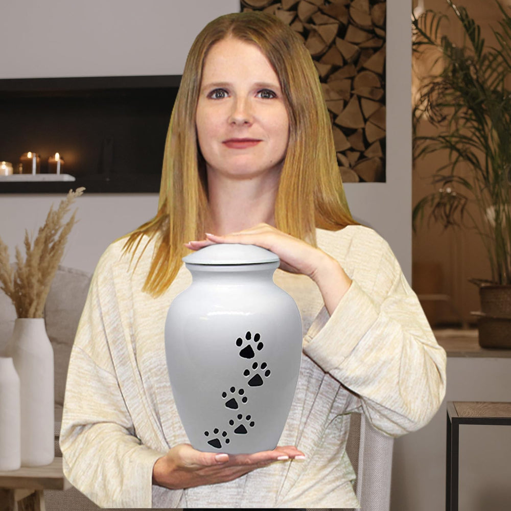 Trupoint Memorials paws print white urn close up shows paw motif for personalized tribute