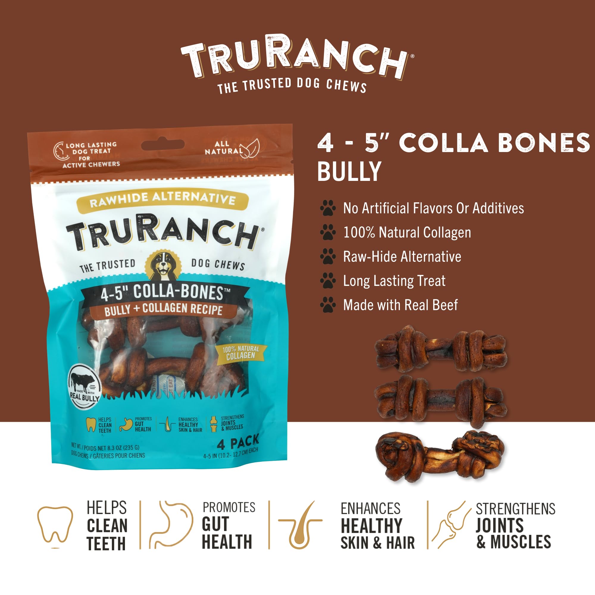 TRURANCH Collagen Bones Bully rawhide-free close-up highlights chewy texture for long-lasting entertainment
