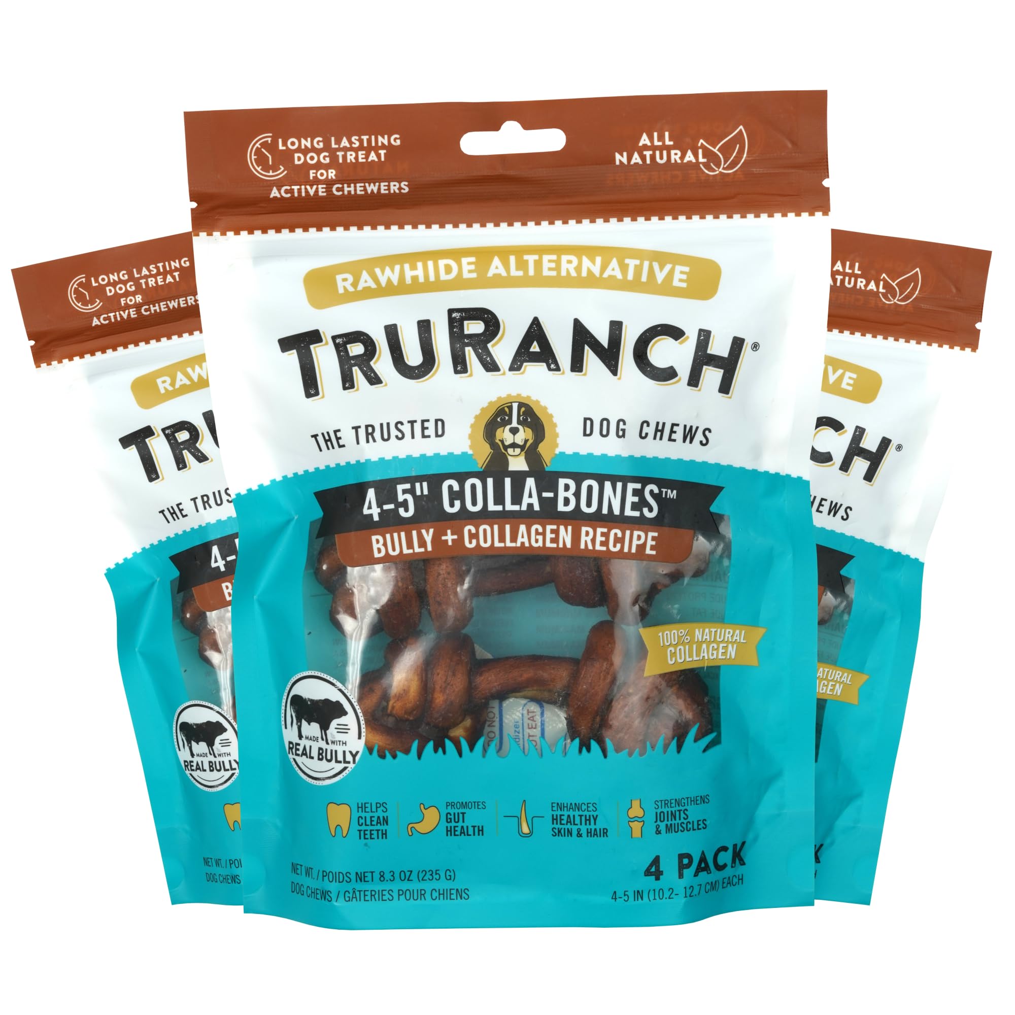 TRURANCH Collagen Bones Bully value-pack packaging shows durable chew sessions for dogs