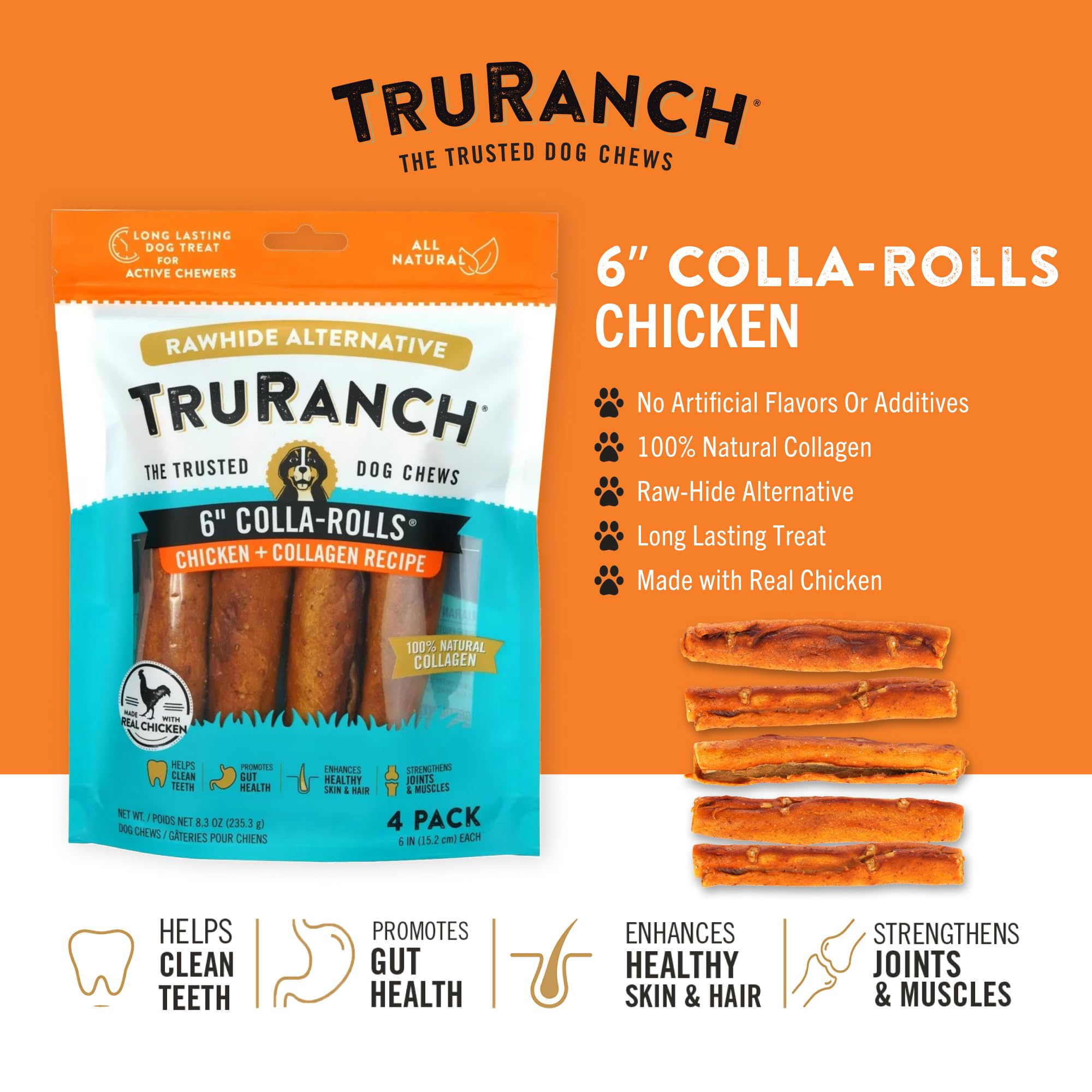 TRURANCH Collagen Rolls texture close-up reveals dense chew for dental care.
