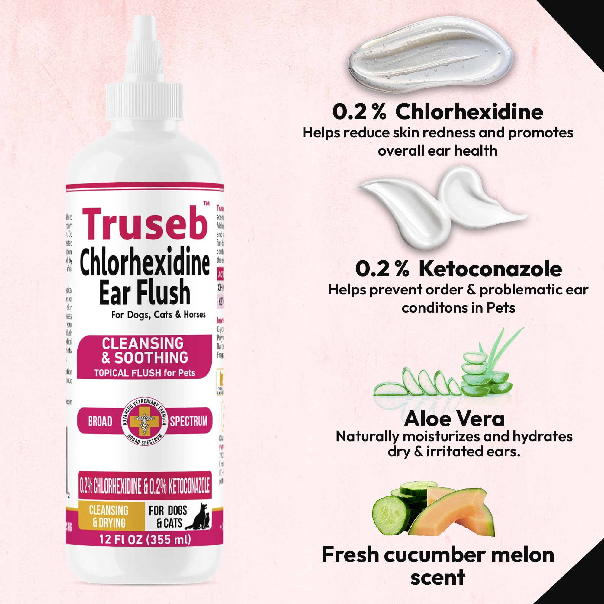 Truseb ear wash being applied to a dog's ear for cleaning