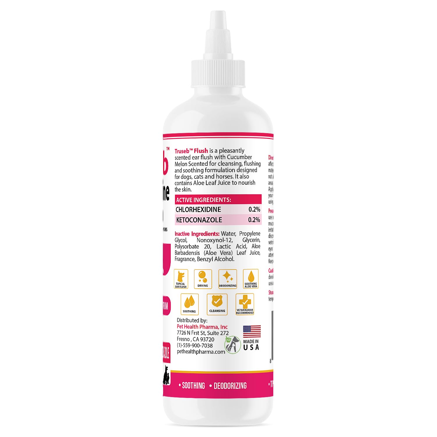 Truseb ear wash ingredients panel emphasizing antimicrobial care for ears