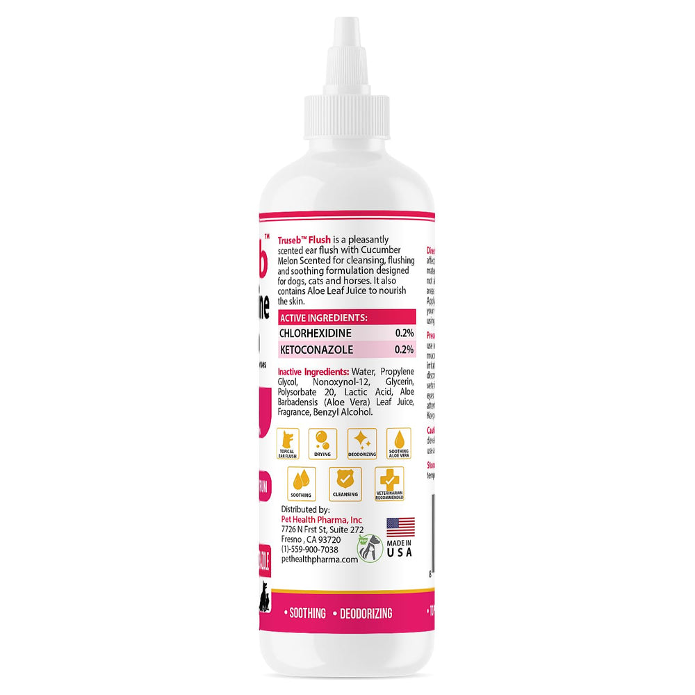 Truseb ear wash ingredients panel emphasizing antimicrobial care for ears