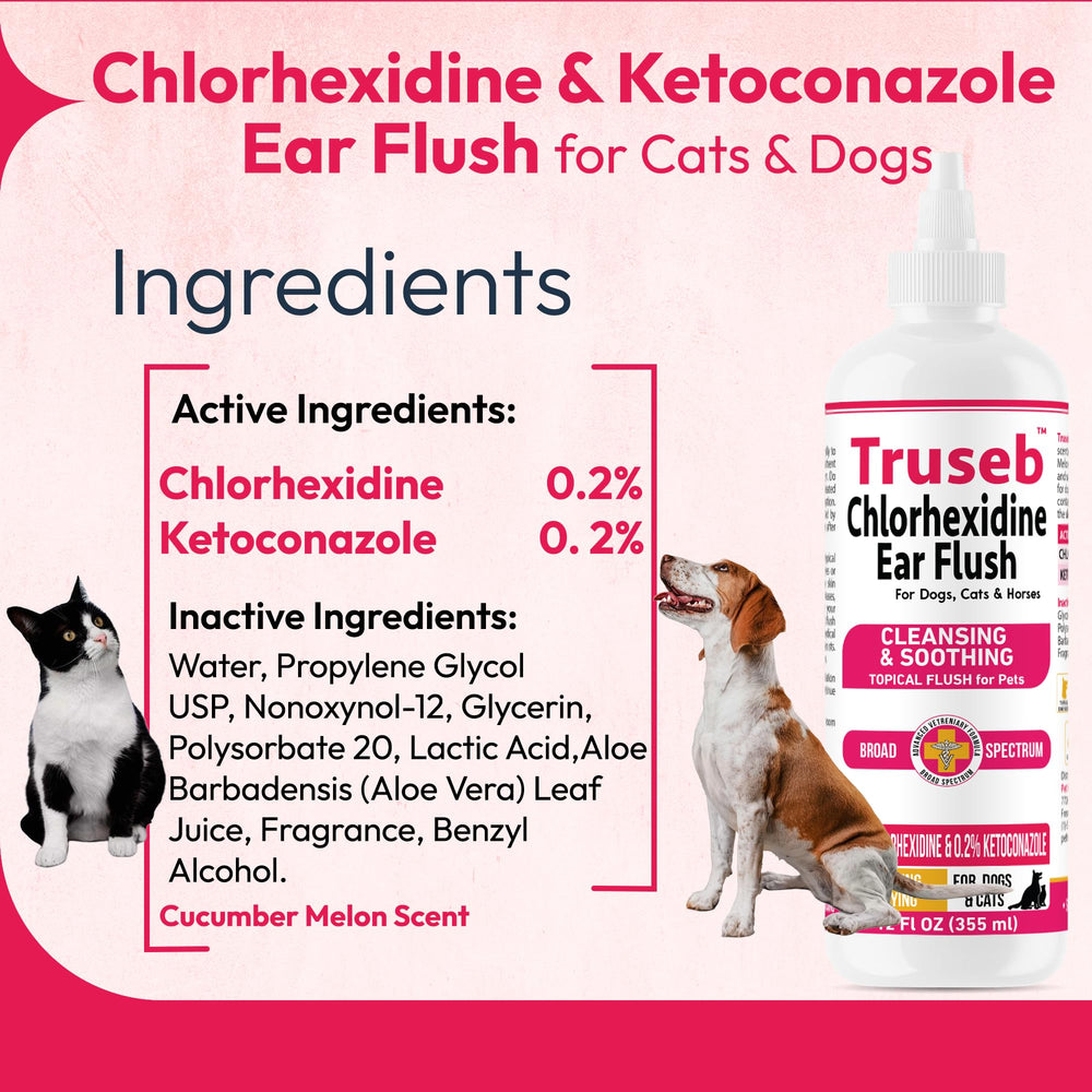 Truseb ear wash label front highlights ketoconazole and chlorhexidine ingredients