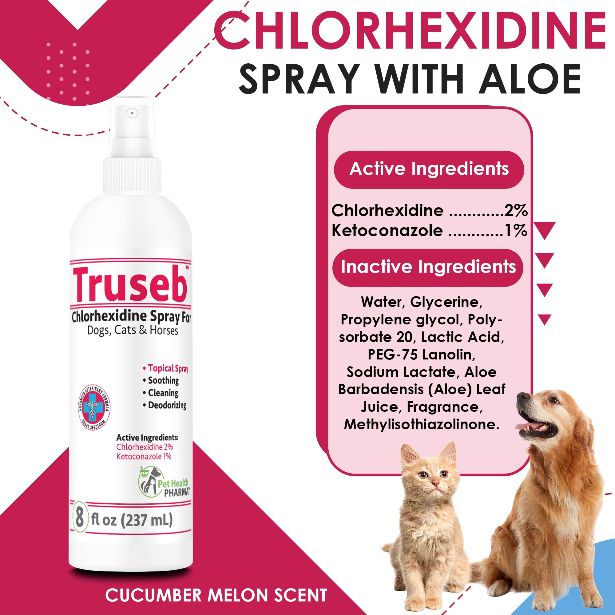 Truseb spray application on a dog's face folds for topical cleansing.