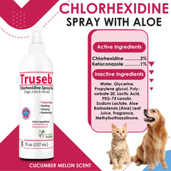 Truseb spray application on a dog's face folds for topical cleansing.