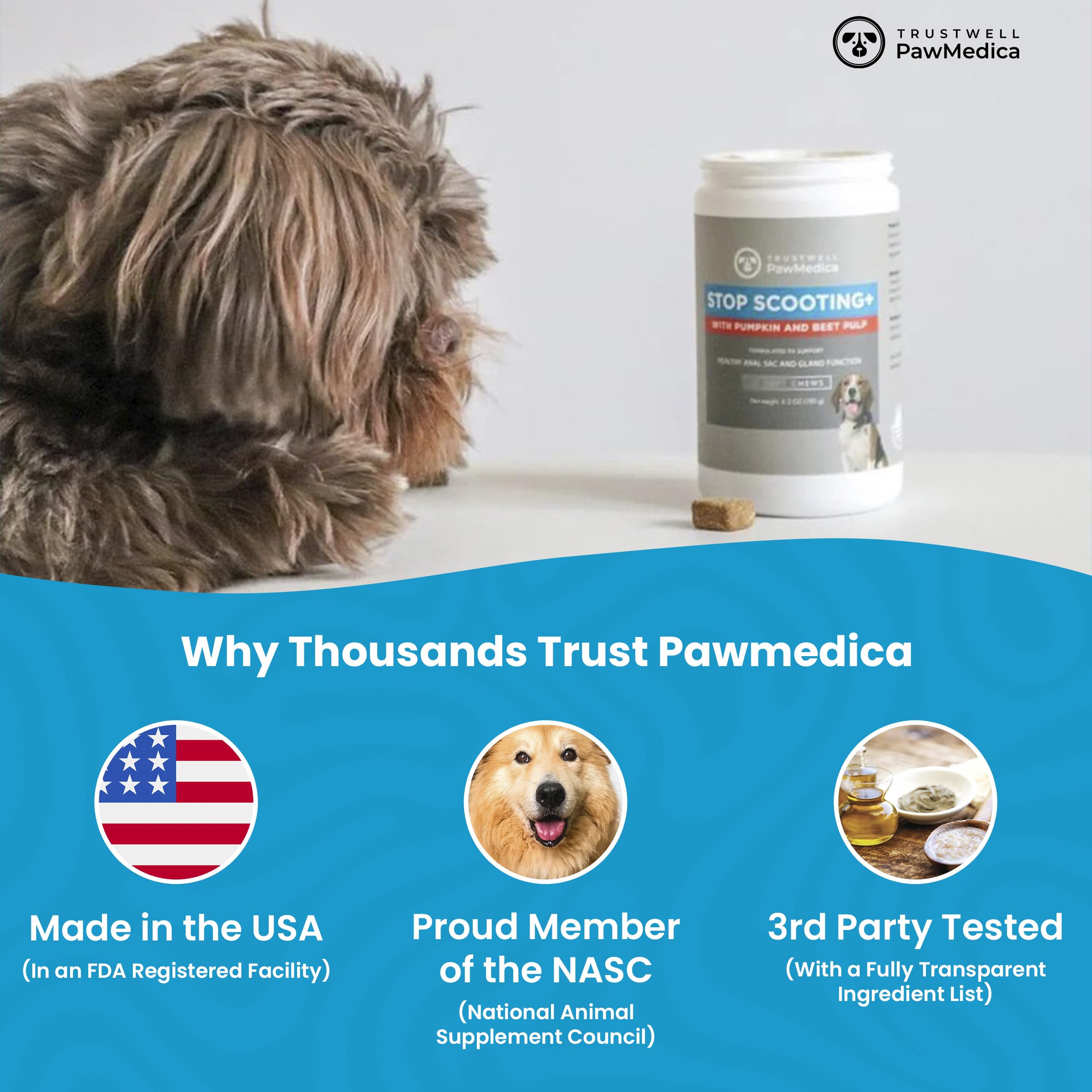 TrustWELL PawMedica digestive chews beside water bowl suggesting digestion support