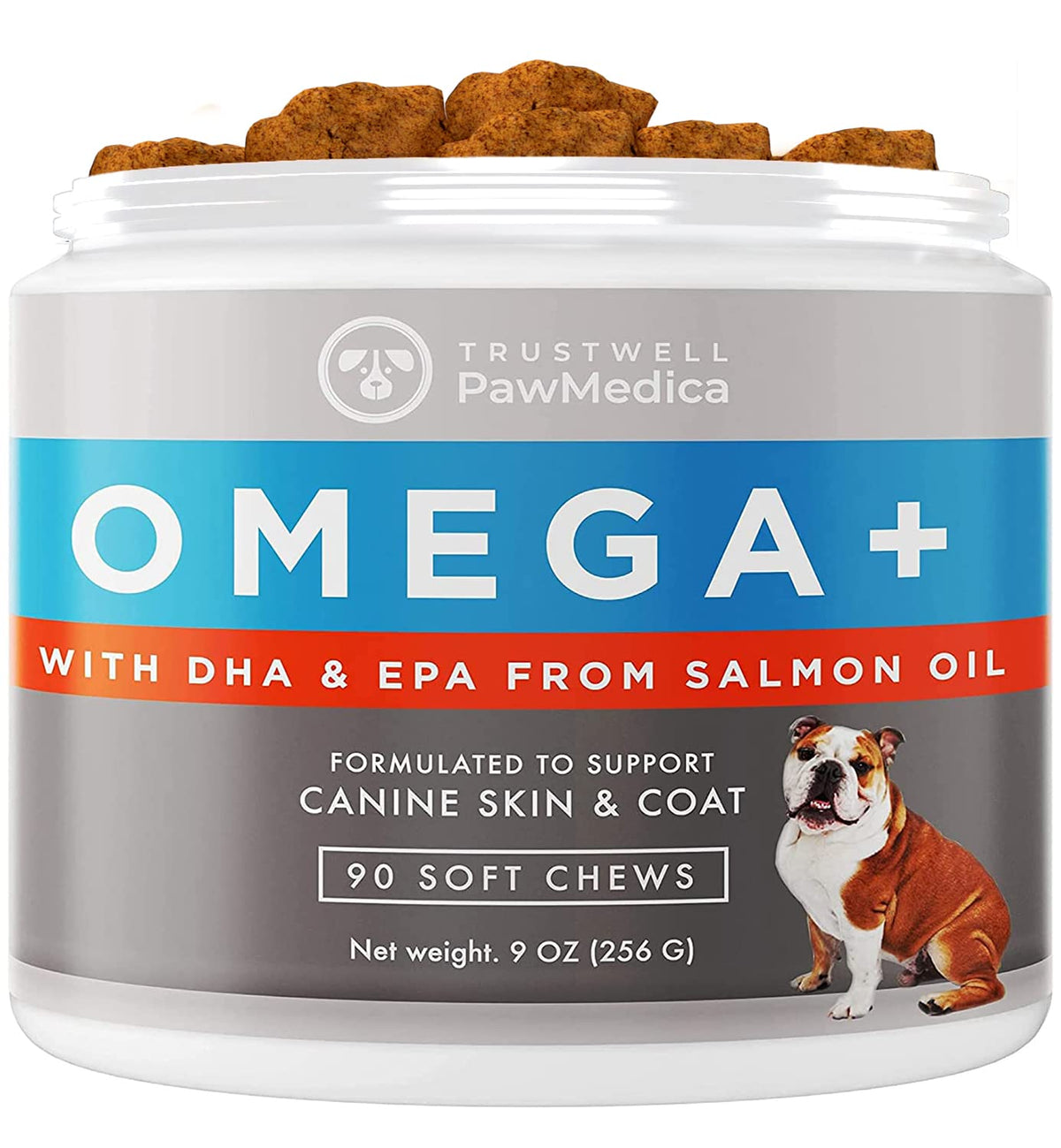 Trustwell PawMedica Omega 3 for Dogs bottle closeup highlighting fish oil for coat health