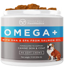 Trustwell PawMedica Omega 3 for Dogs bottle closeup highlighting fish oil for coat health