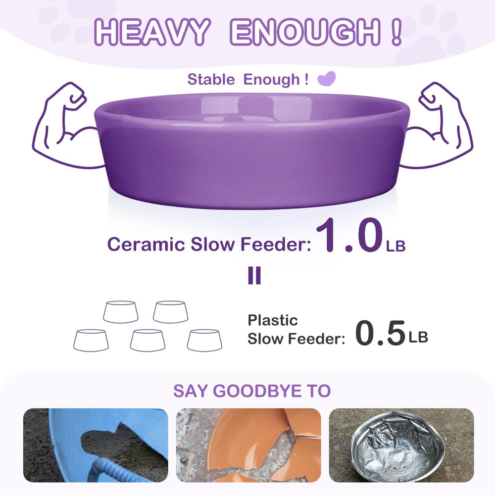 TRUVIC ceramic slow-feeder cat bowl purple side view reveals a compact puzzle design.
