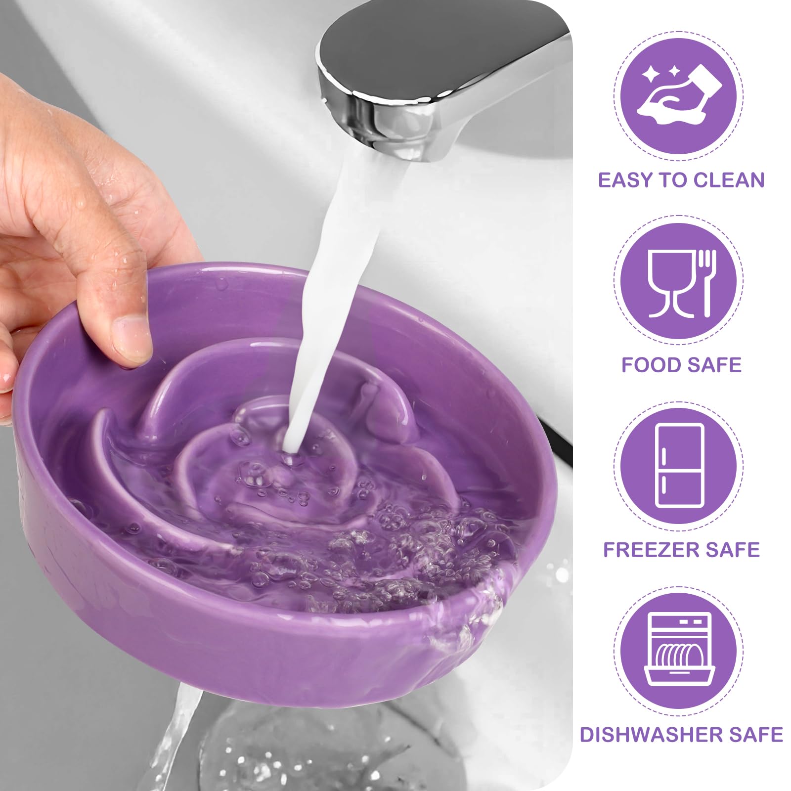 TRUVIC ceramic slow-feeder cat bowl purple top view demonstrates spill-resistant features.