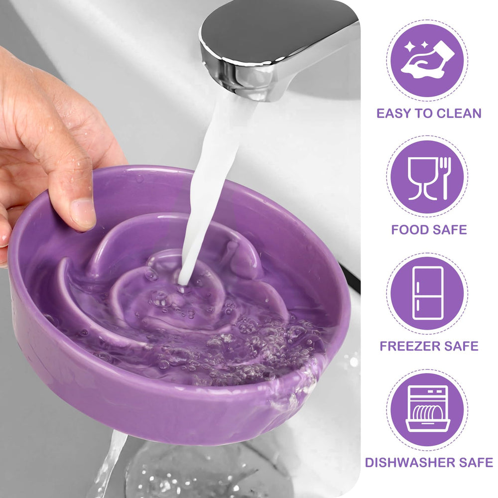 TRUVIC ceramic slow-feeder cat bowl purple top view demonstrates spill-resistant features.