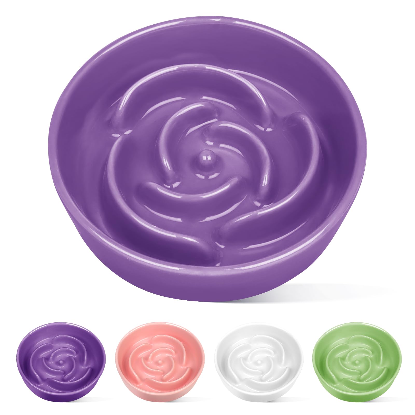 TRUVIC ceramic slow-feeder dog bowl purple side view demonstrates the rose-petal maze for slower meals.
