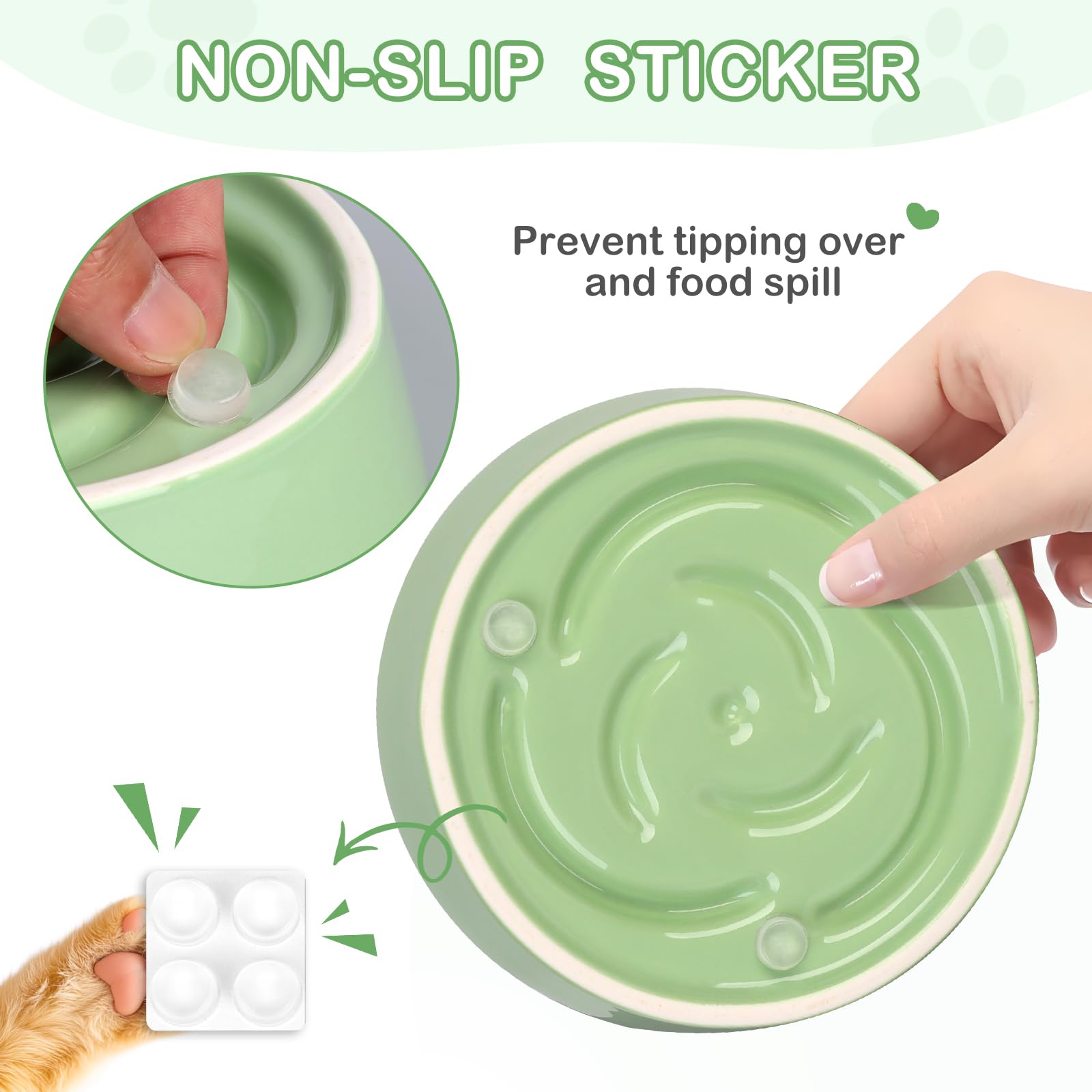 Four non-slip stickers keep the bowl stable on various floors.
