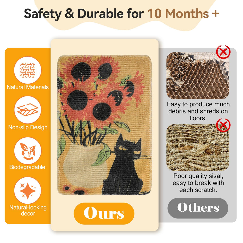 Truvito sisal scratch mat sunflower under sofa demonstrates space-saving placement.