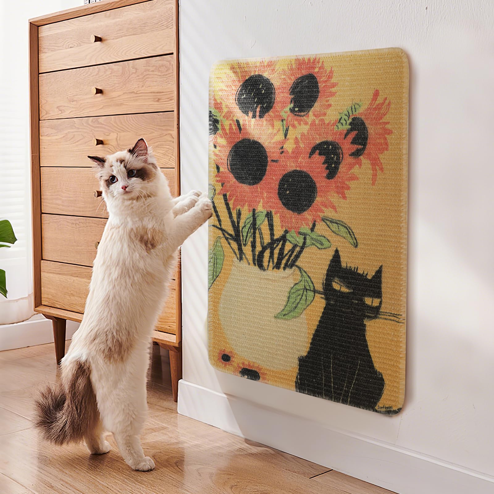 Truvito sisal scratch mat sunflower wall mount setup shows versatile design.