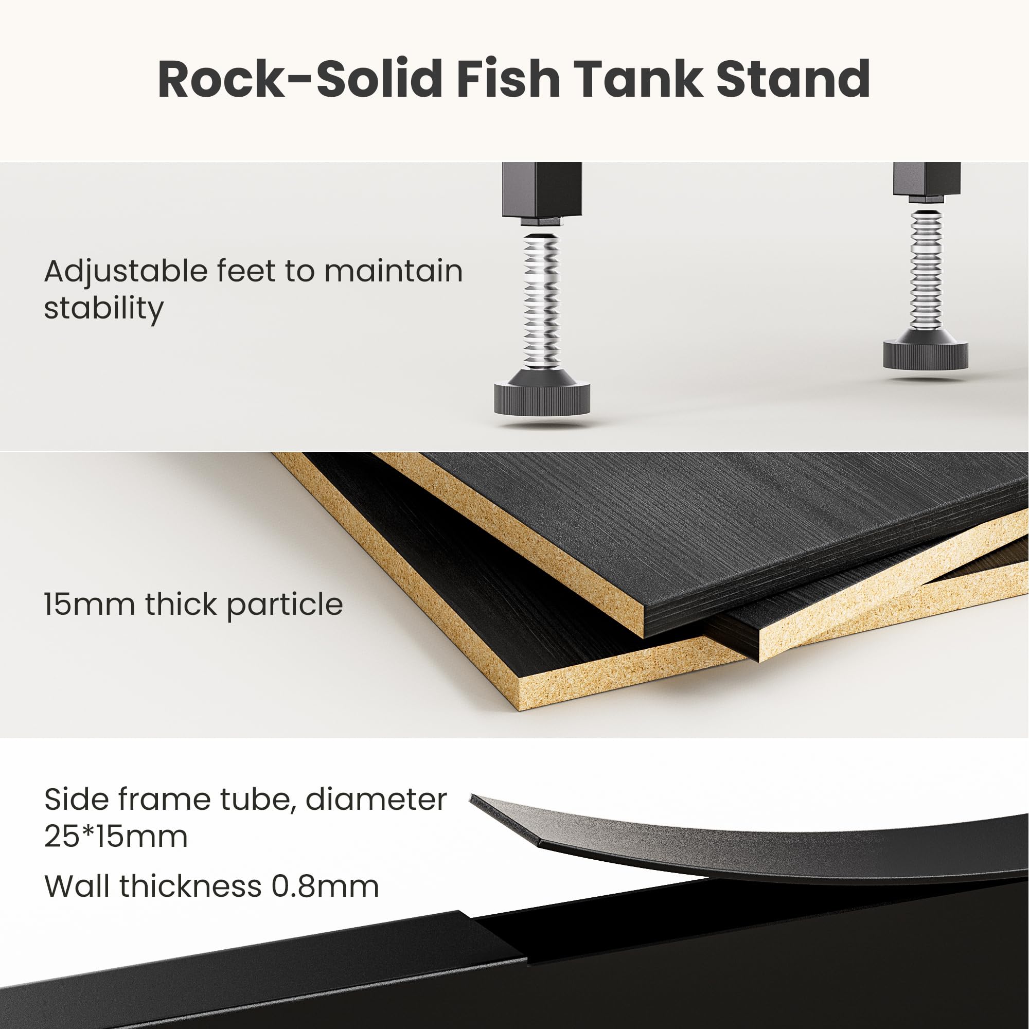 TRZZ stand features adjustable leveling feet for stable placement on uneven floors.