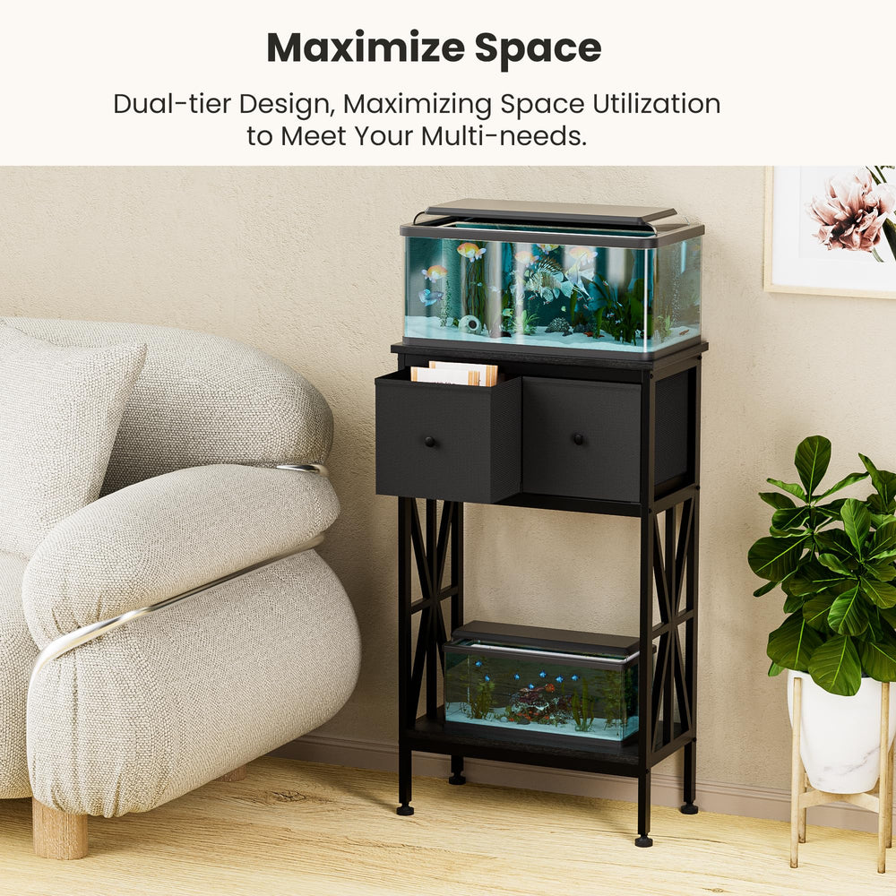 TRZZ dual-tier cabinet stores fish food and nets for organized care.