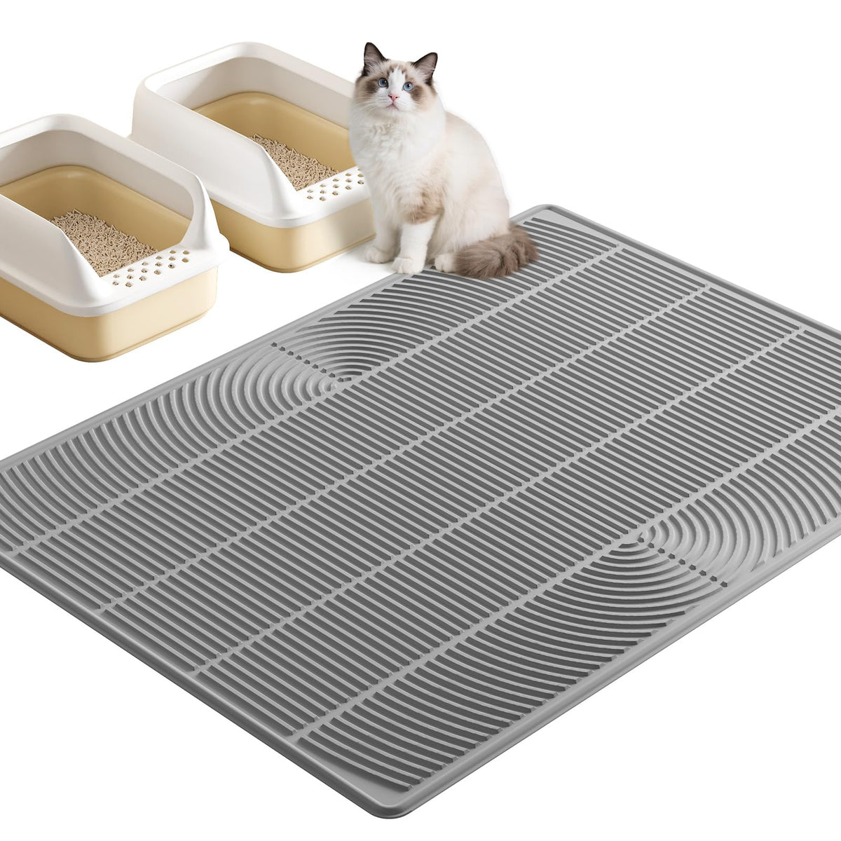 TRZZ XXL litter mat 46x35 inches with raised edges traps litter and spills.