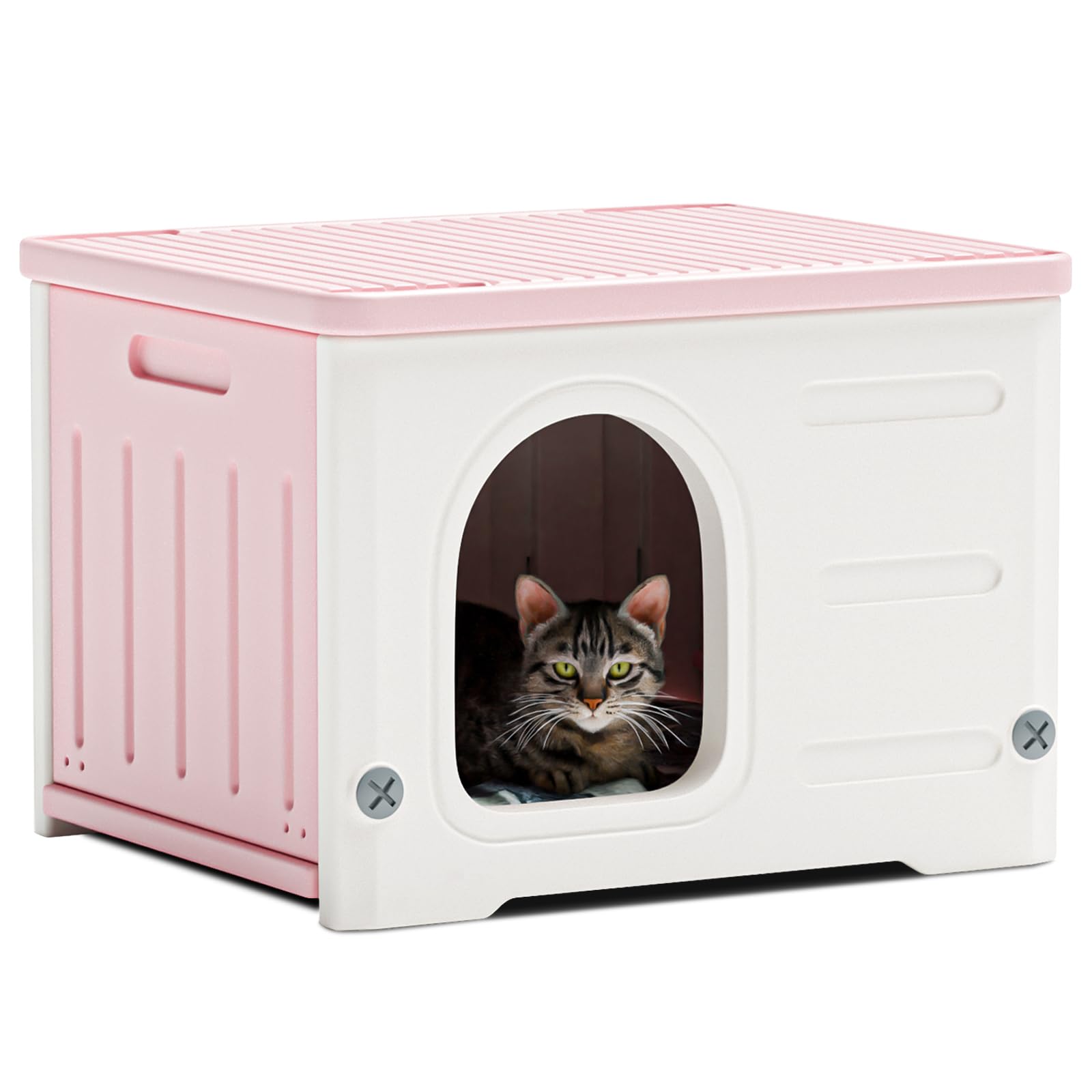 TSEHOOHOO plastic cat house outdoors in pink offers weatherproof shelter for cats.