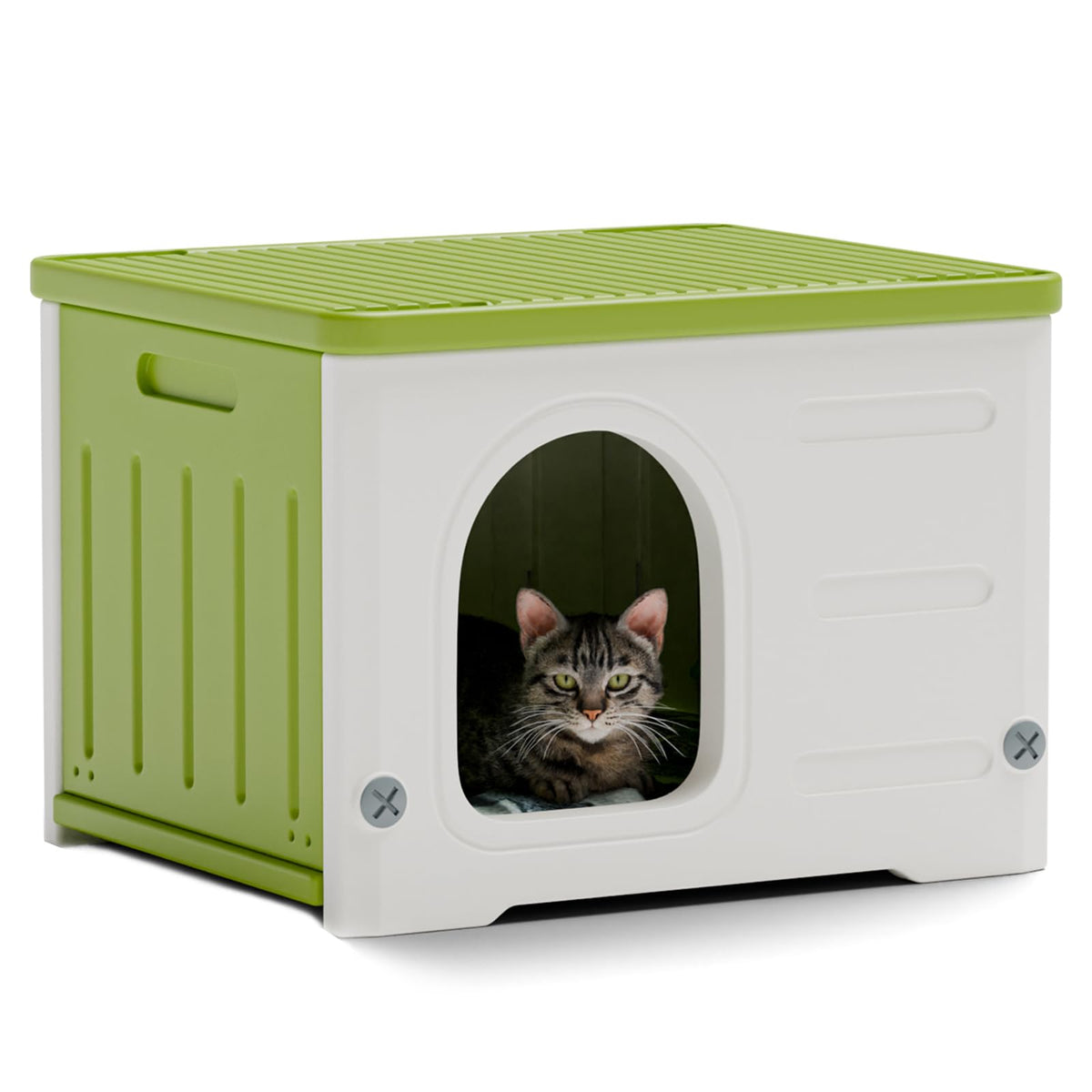 TSEHOOHOO plastic cat house exterior shows weatherproof green shelter for outdoor cats