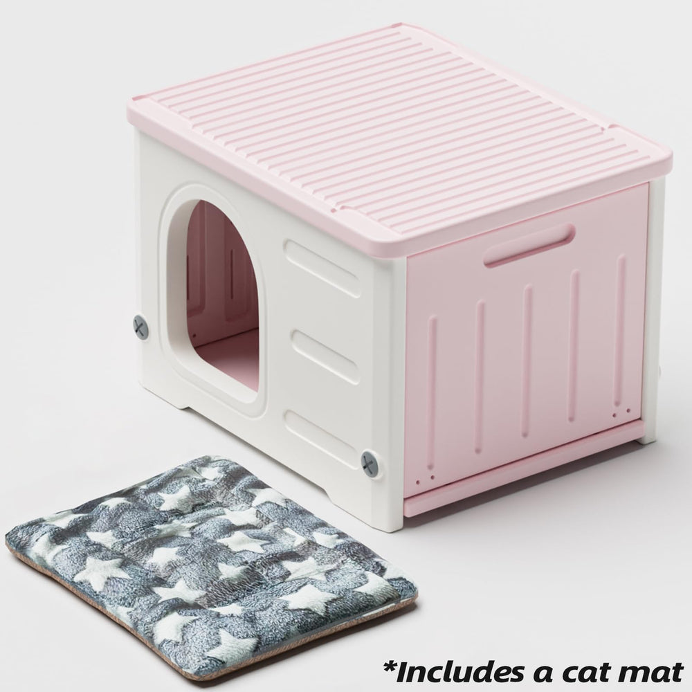 TSEHOOHOO weatherproof cat house with three-sided seal and raised bottom.