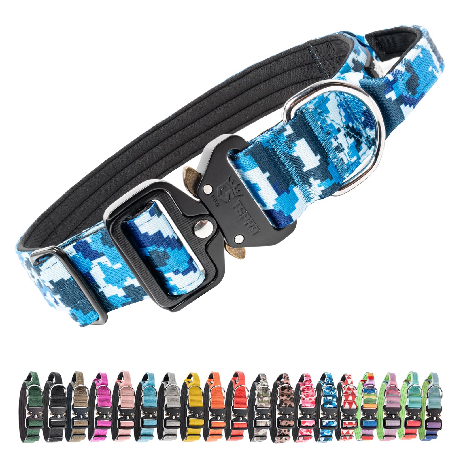 TSPRO Premium Dog Collar camo blue close-up buckle for quick-release control