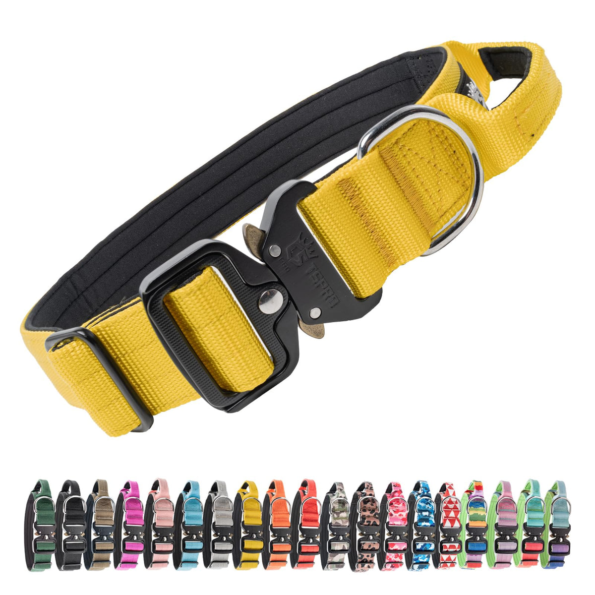 TSPRO premium dog collar yellow with padded handle for secure control during walks.