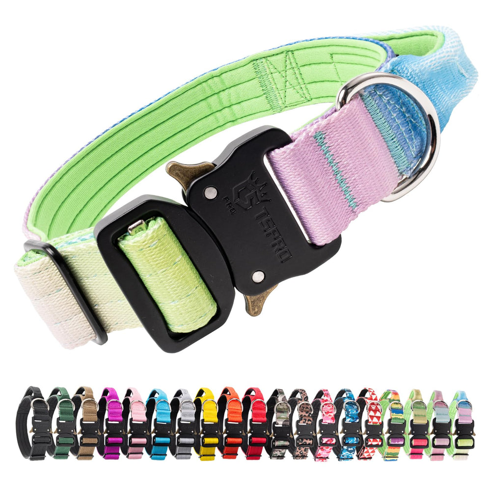 TSPRO premium tactical dog collar with handle in gradient rainbow for secure outdoor control.