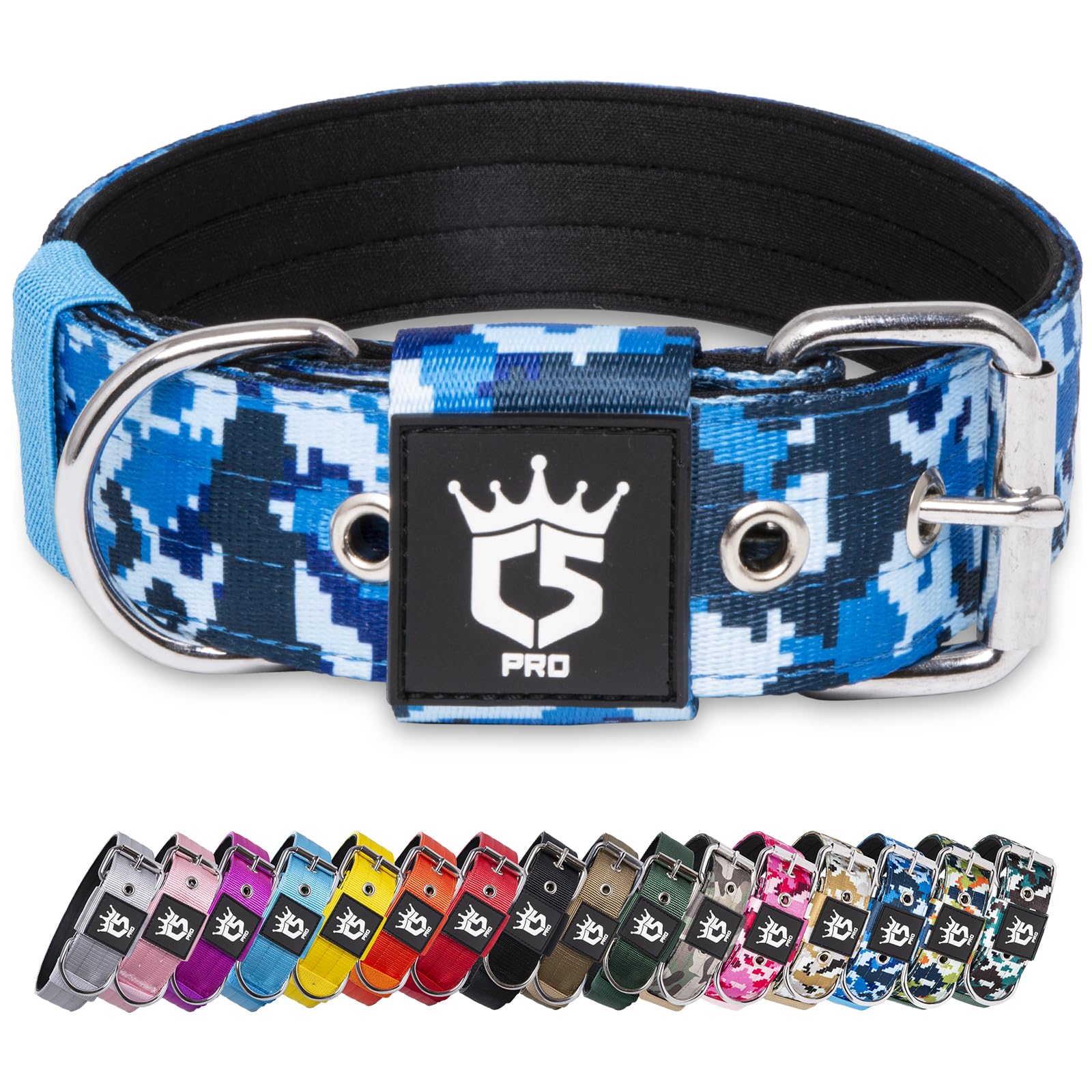 TSPRO Tactical Dog Collar in camo blue shows rugged 1.5-inch width for daily adventures.