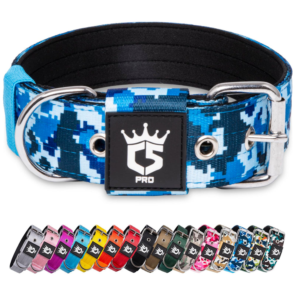 TSPRO Tactical Dog Collar in camo blue shows rugged 1.5-inch width for daily adventures.