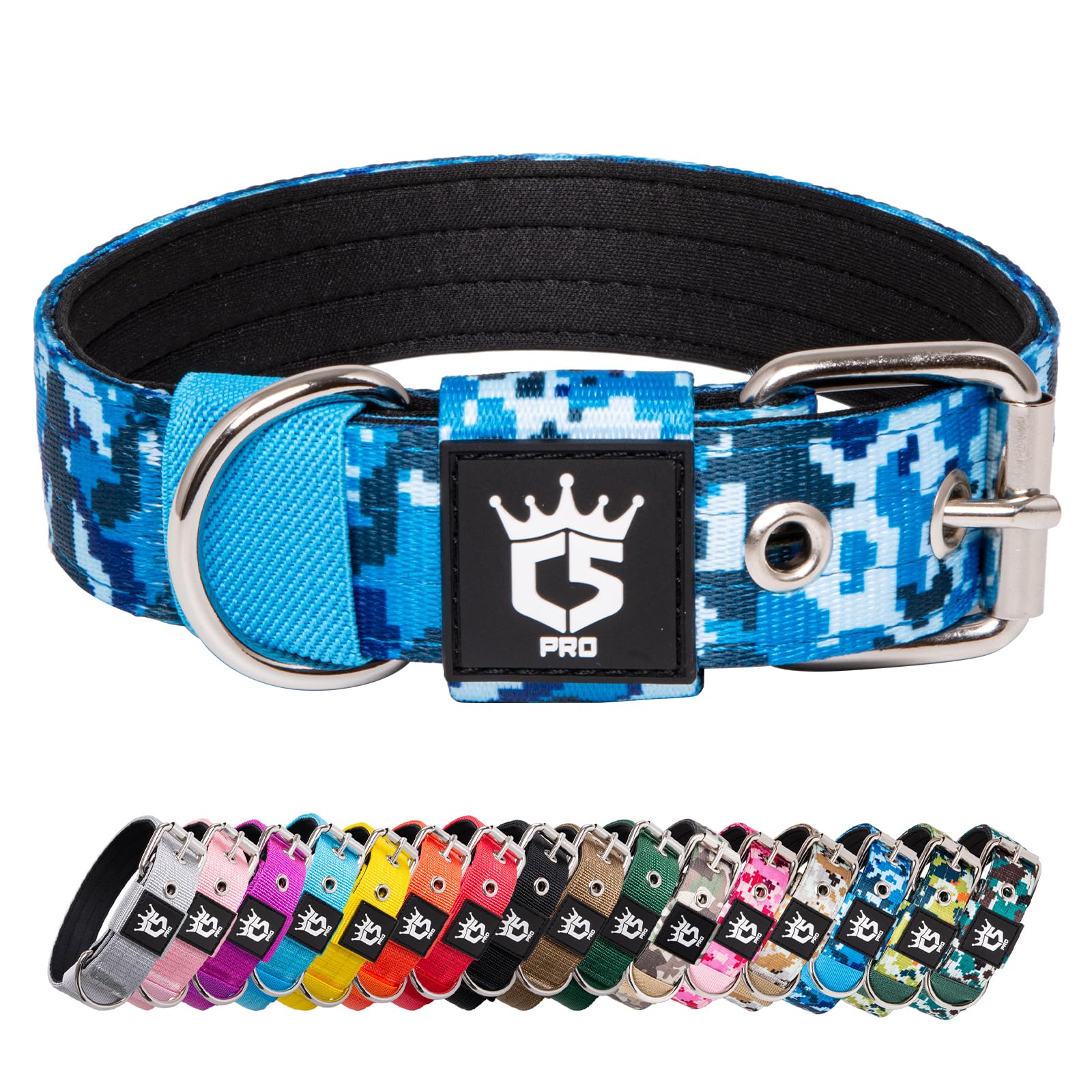 TSPRO tactical dog collar camo blue with D-ring for secure leash attachment.