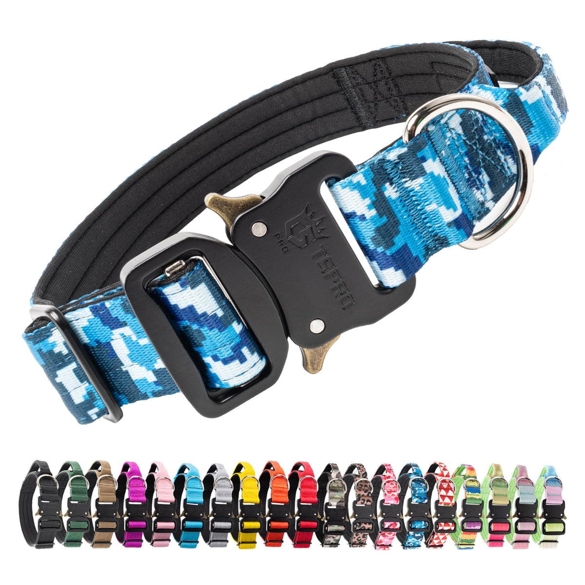 TSPRO tactical dog collar with handle in camo blue for controlled, confident walks.
