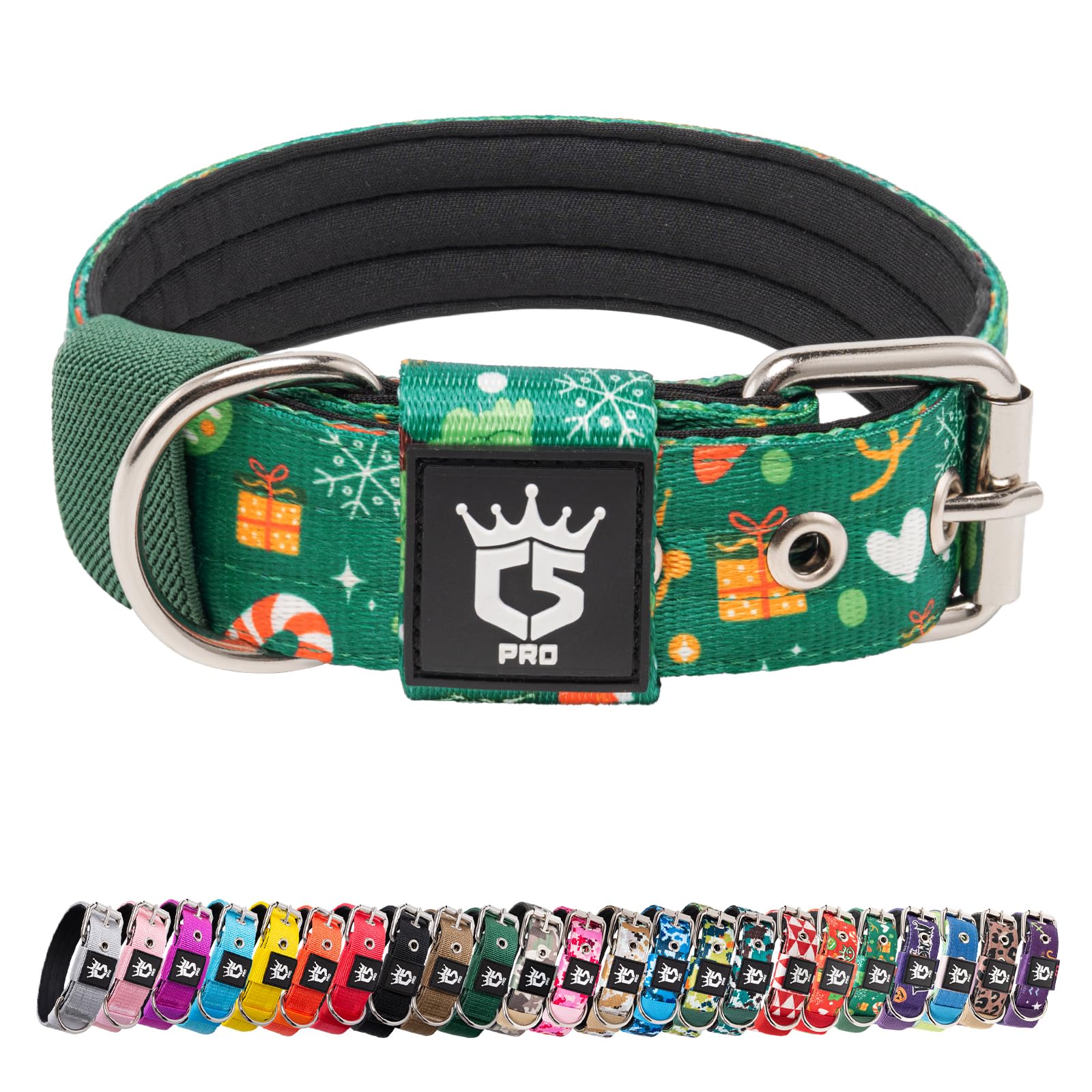 TSPRO Tactical Dog Collar Christmas Green with heavy buckle for secure daily wear.