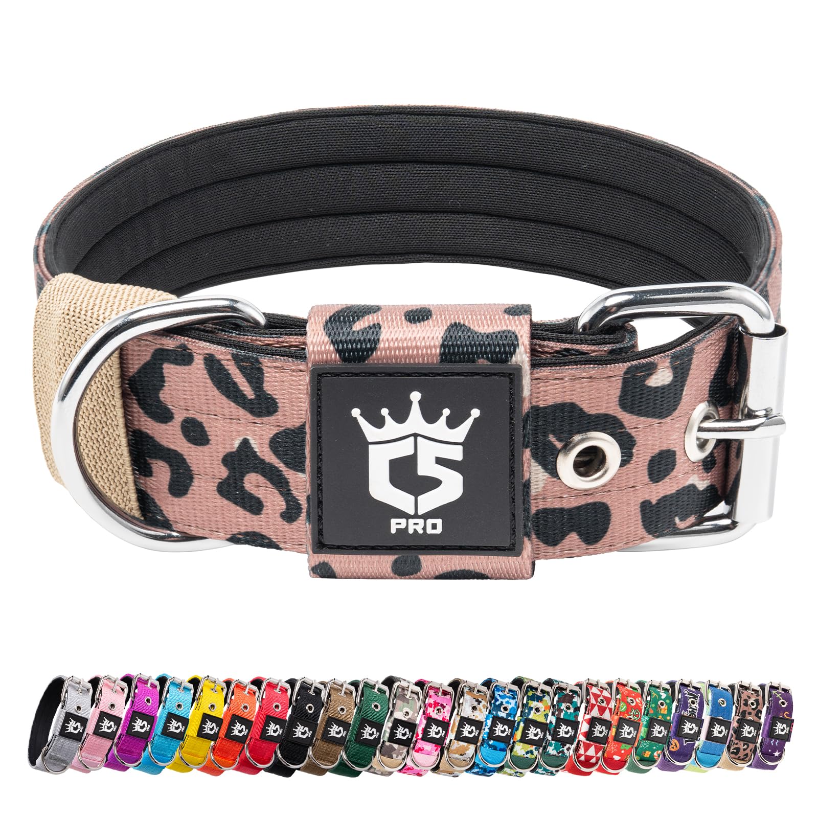 TSPRO leopard-pattern tactical dog collar, rugged and wide for medium to large dogs, durable for daily walks.