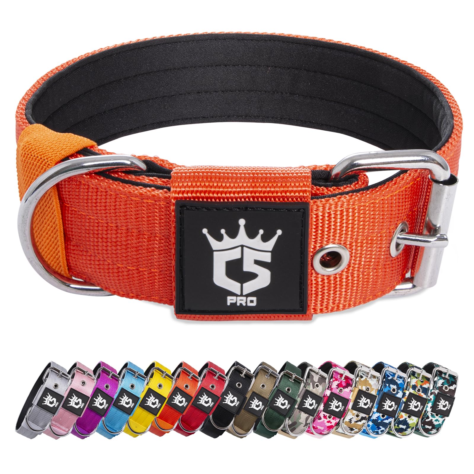 TSPRO tactical dog collar in orange with D-ring for secure leash attachment.