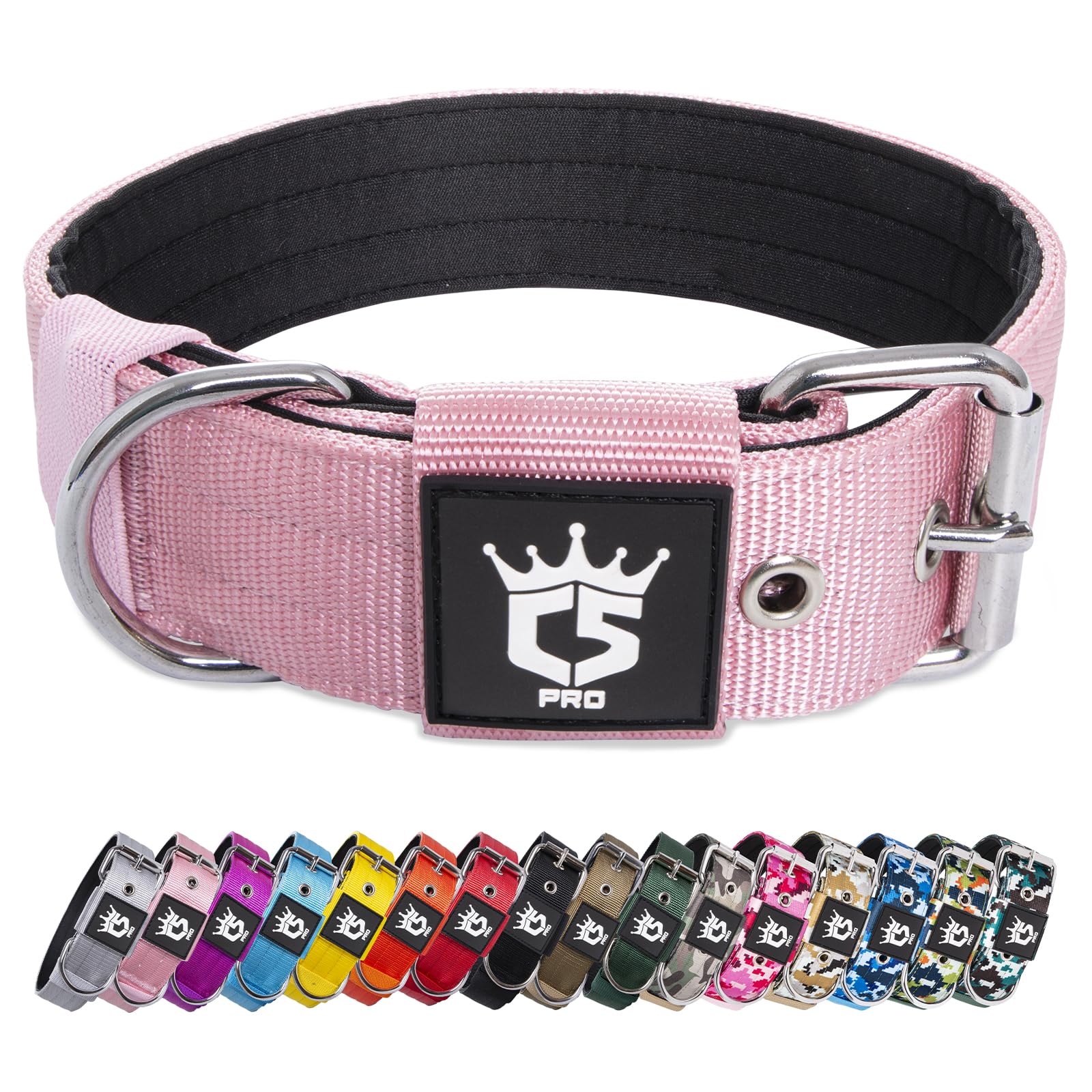 TSPRO tactical dog collar pink heavy-duty buckle for secure leash attachment.