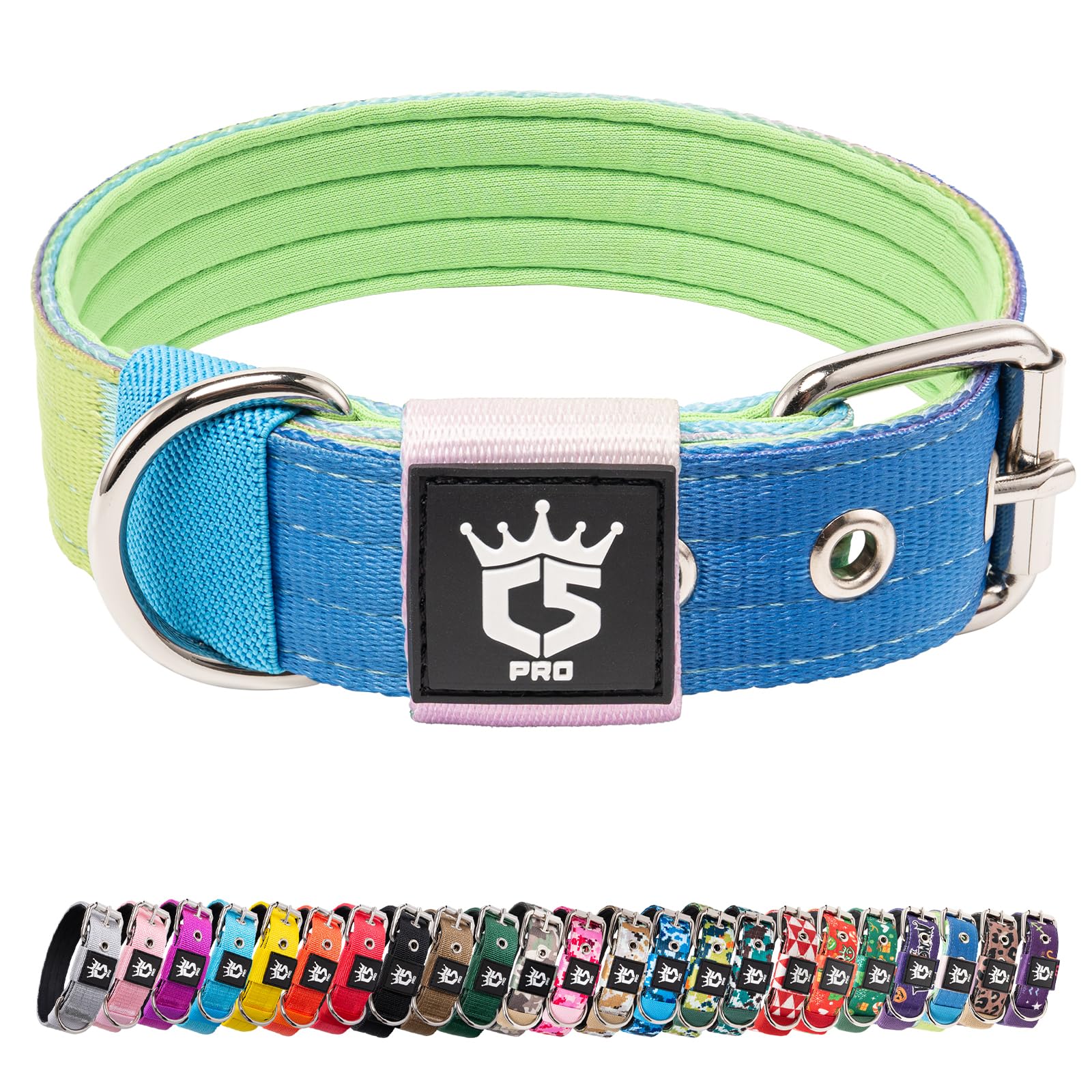TSPRO tactical dog collar rainbow pattern close-up shows durable wide design for daily wear.