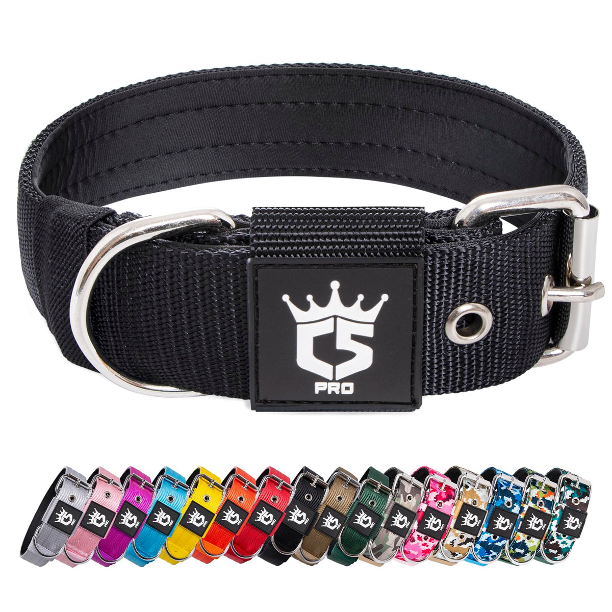 TSPRO tactical dog collar closeup shows wide strap and heavy-duty buckle for secure daily use.
