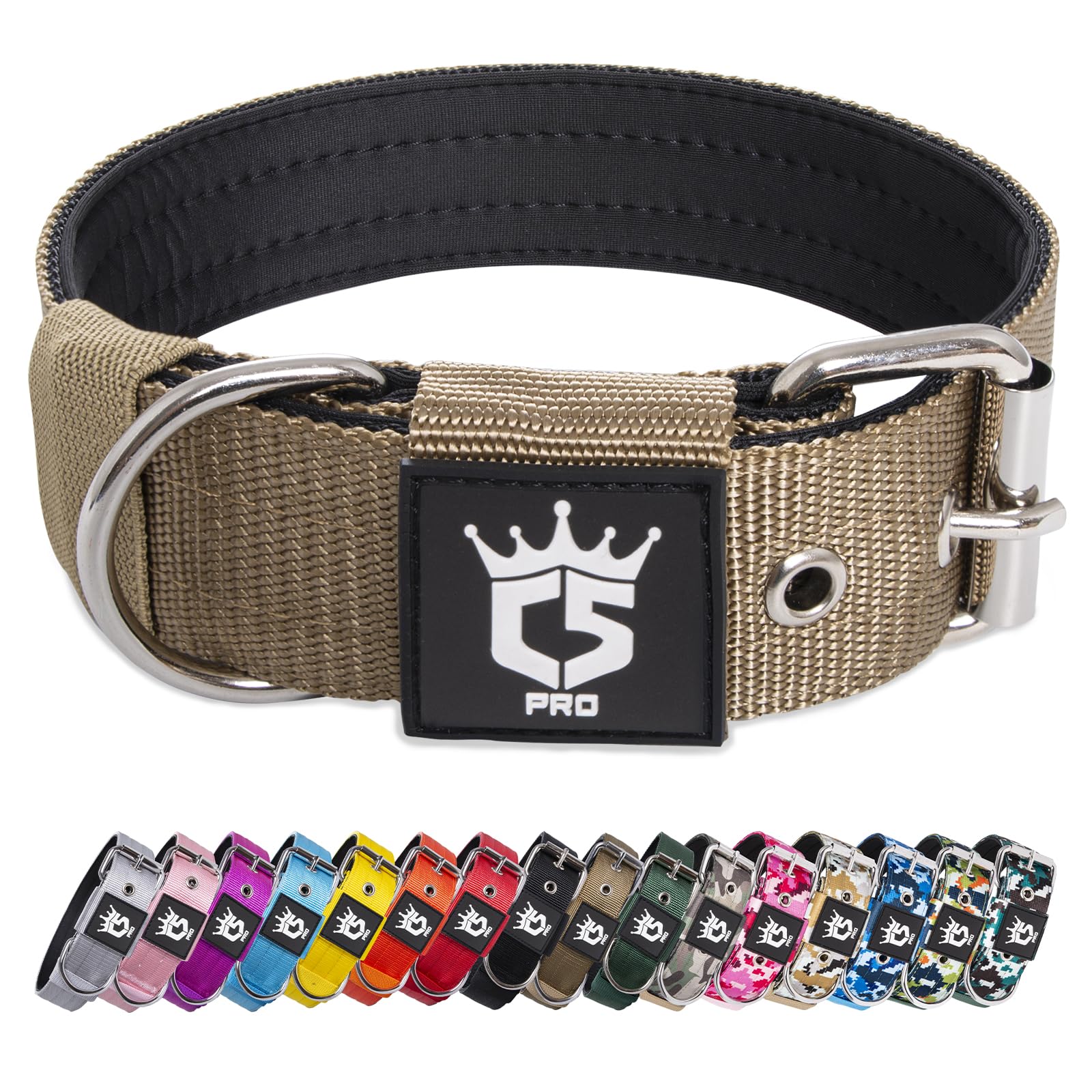 TSPRO tactical dog collar wide-nylon khaki close-up for comfortable daily wear
