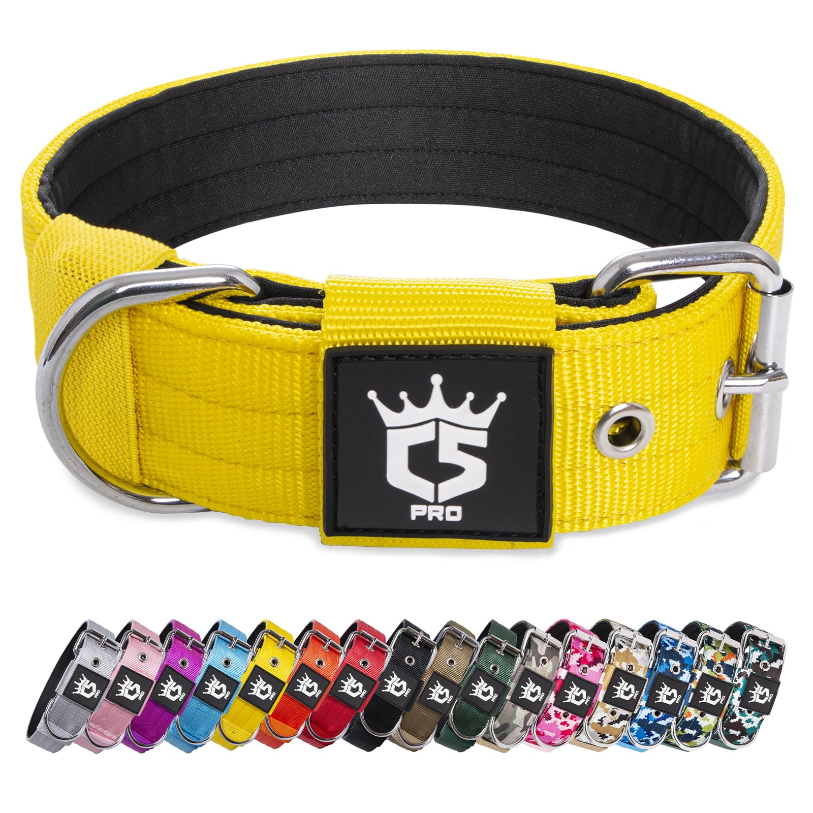 TSPRO Tactical Dog Collar Yellow L close-up of the D-ring for secure leash attachment.