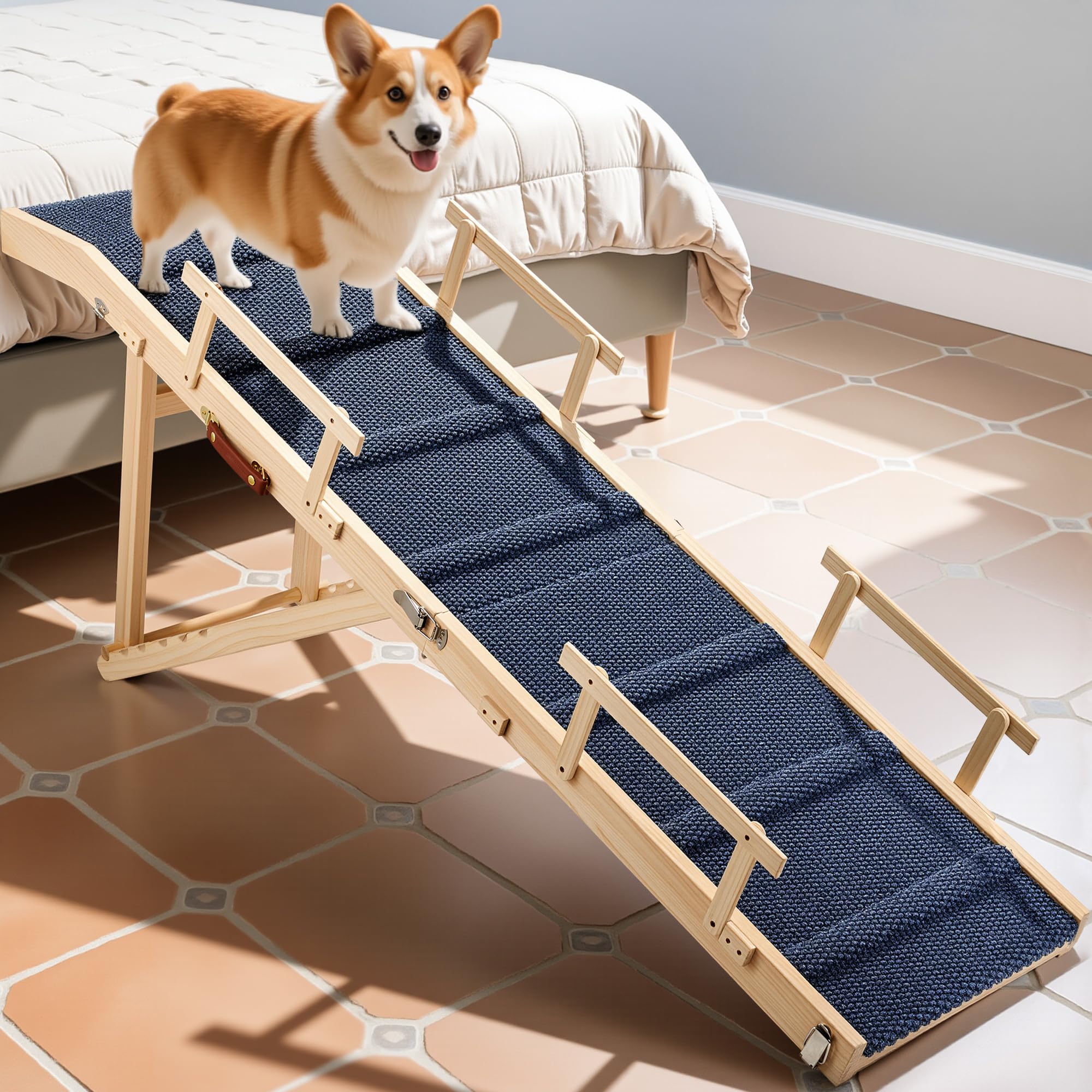 Tsukiko dog ramp with rails extends about 64 inches for secure bed access
