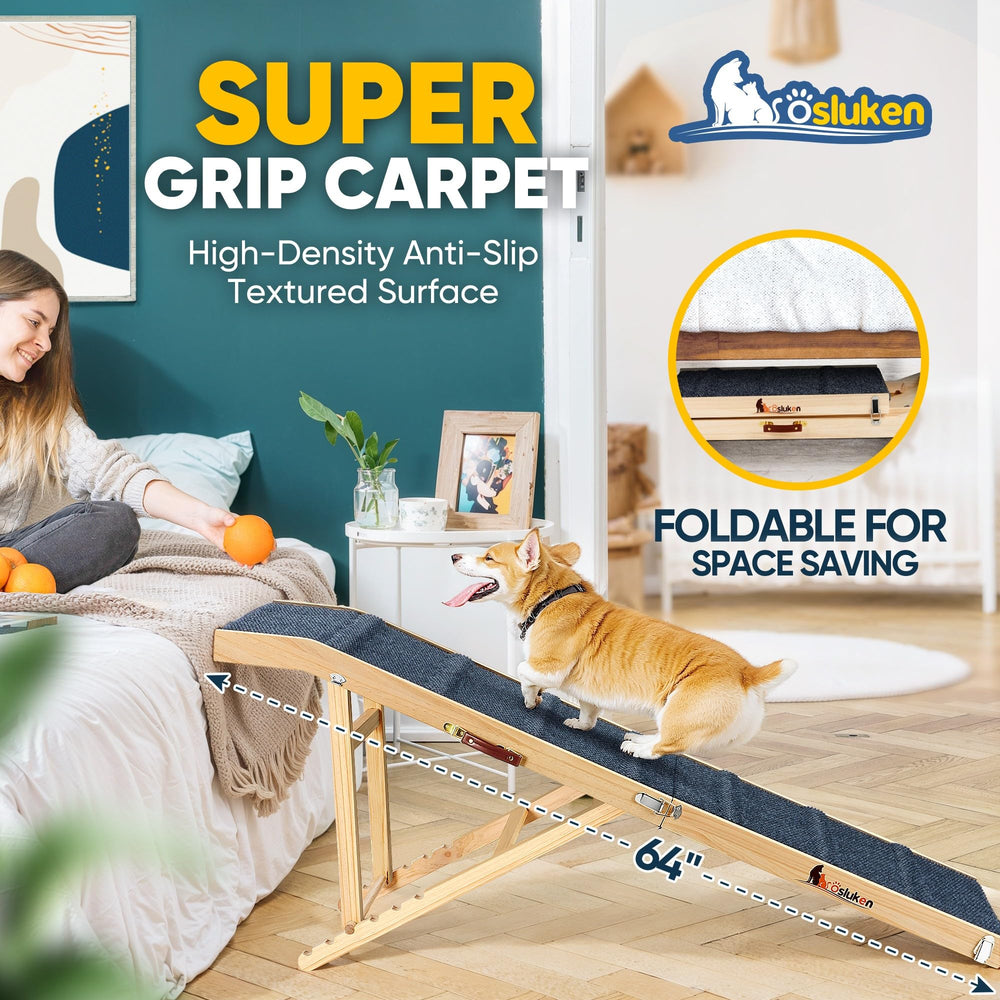 Tsukiko dog ramp wood frame stability ensures sturdy use and confident climbs.