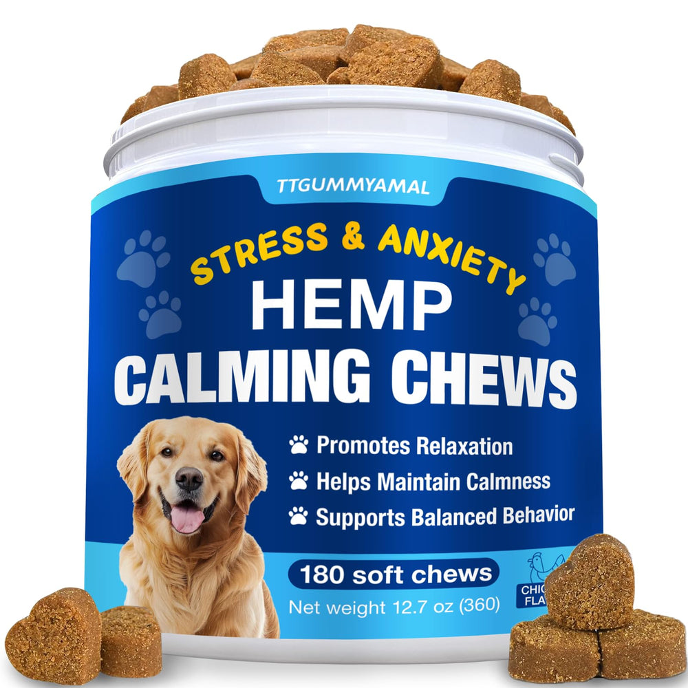 TTGUMMYAMAL hemp calming chews packaging highlights a calm, stress-relief option for dogs.