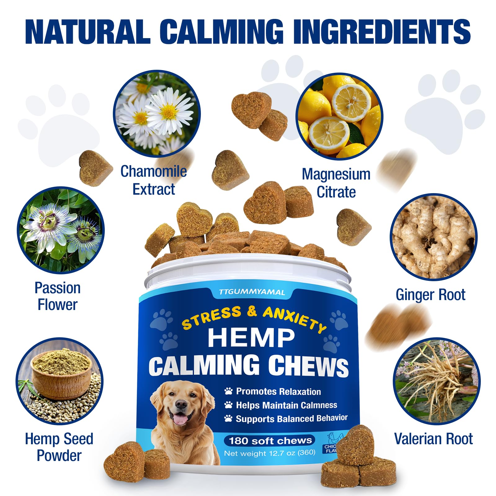 TTGUMMYAMAL organic hemp seed, chamomile, valerian ingredients illustrate natural calming support for pets.