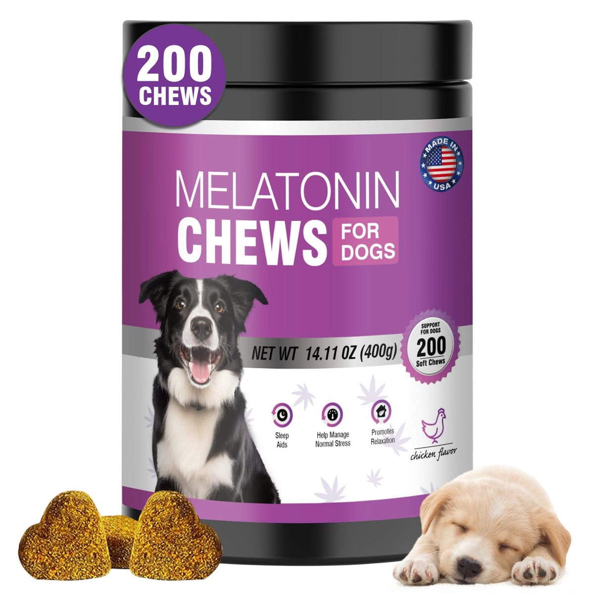TTIXRL Calming Melatonin for Dogs bottle showing chews for relaxed evenings