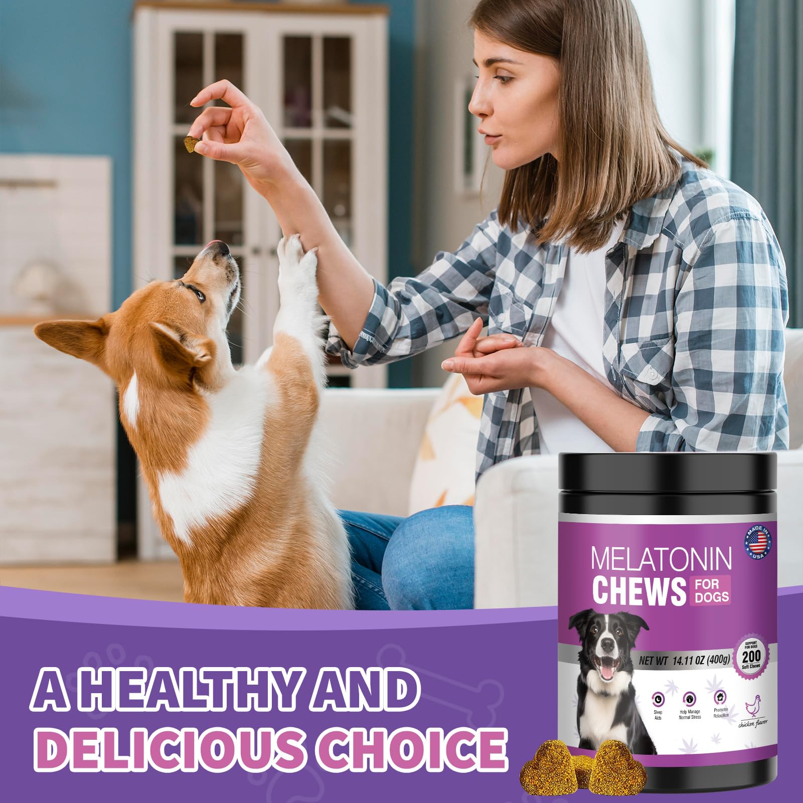 TTIXRL Chicken flavor melatonin dog chews on a countertop calming pets